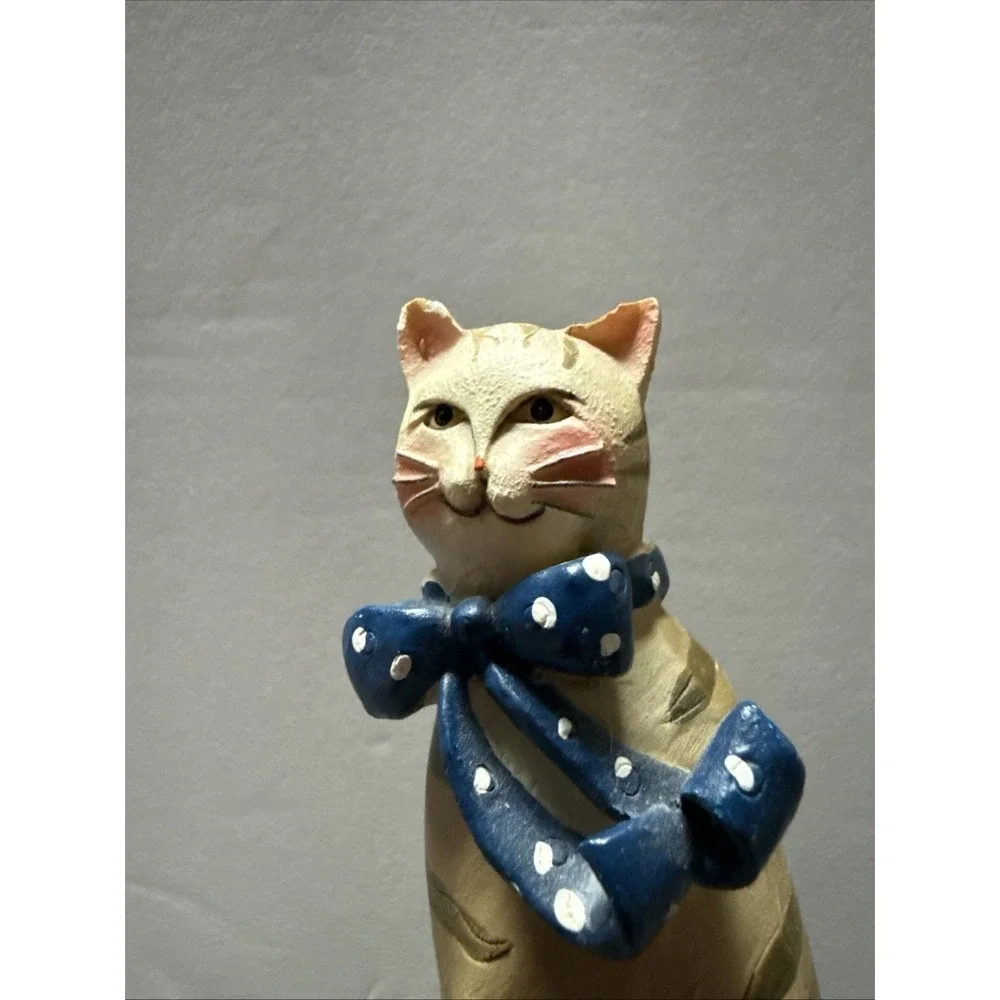 Folk Art Striped Tabby Cat Figurine 6 In Blue Bow Spring Metal Tail